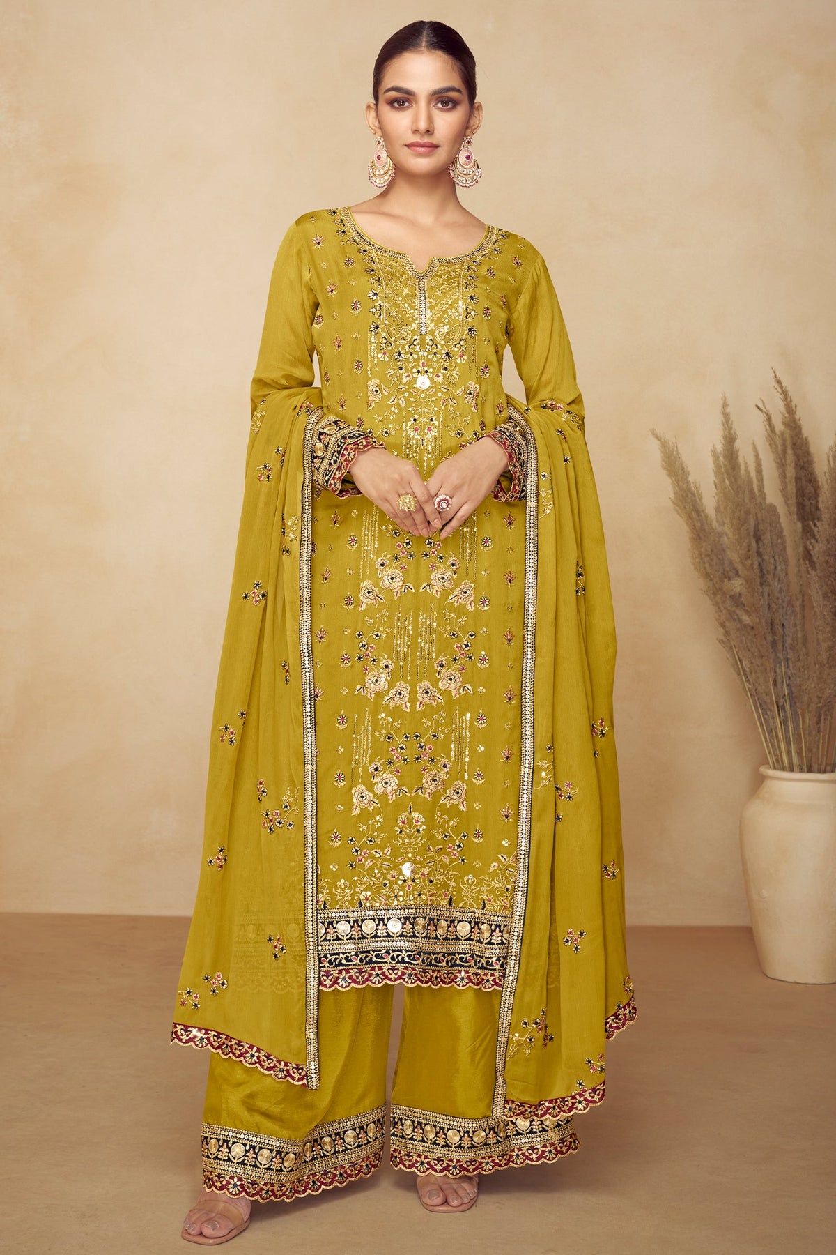 Yellow Chinon Straight Cut Embroidered Palazzo Suit