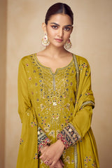Yellow Chinon Straight Cut Embroidered Palazzo Suit