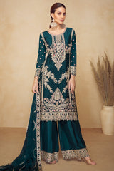 Rama Blue Chinon Straight Cut Embroidered Palazzo Suit