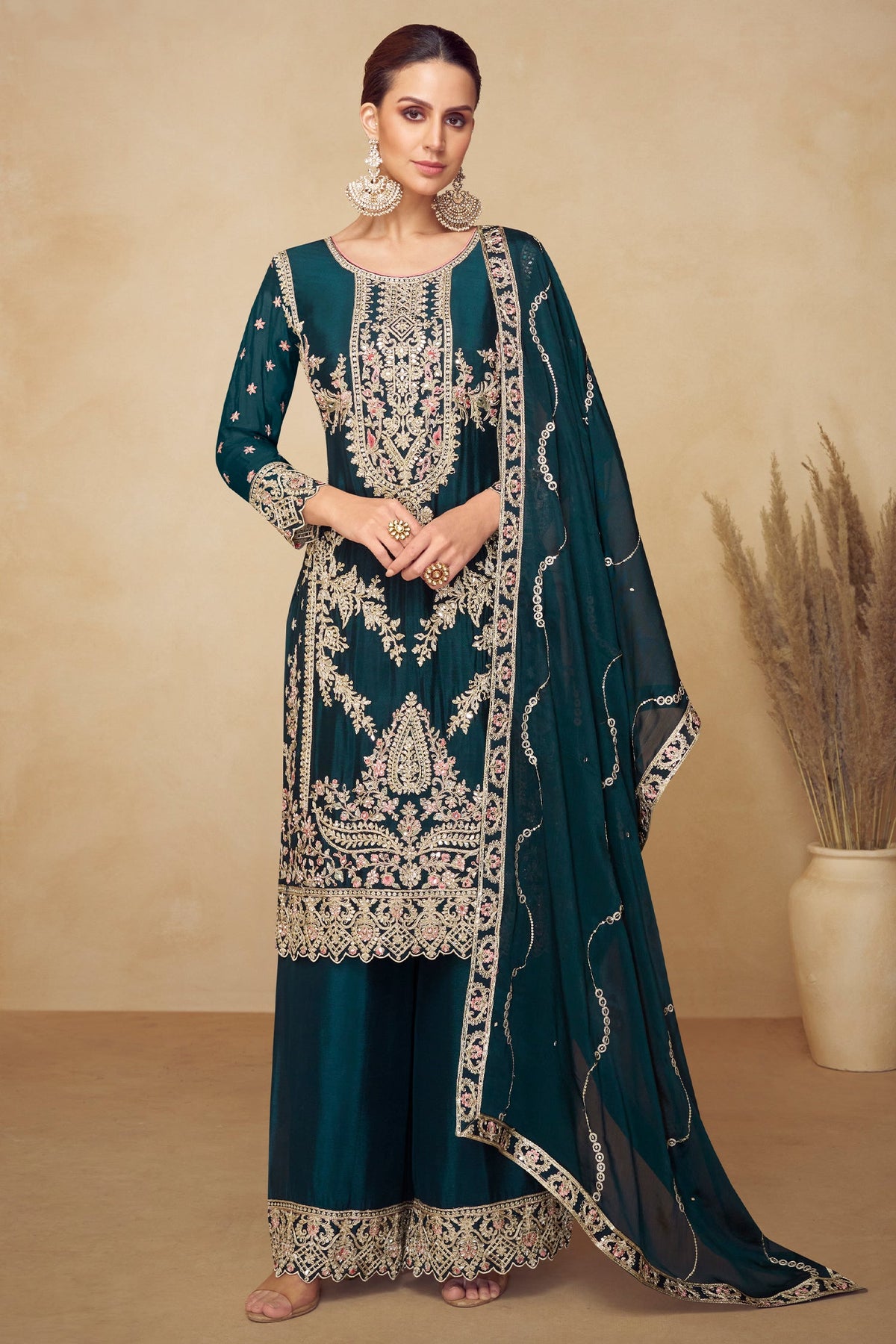 Rama Blue Chinon Straight Cut Embroidered Palazzo Suit