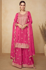 Pink Chinon Straight Cut Embroidered Palazzo Suit