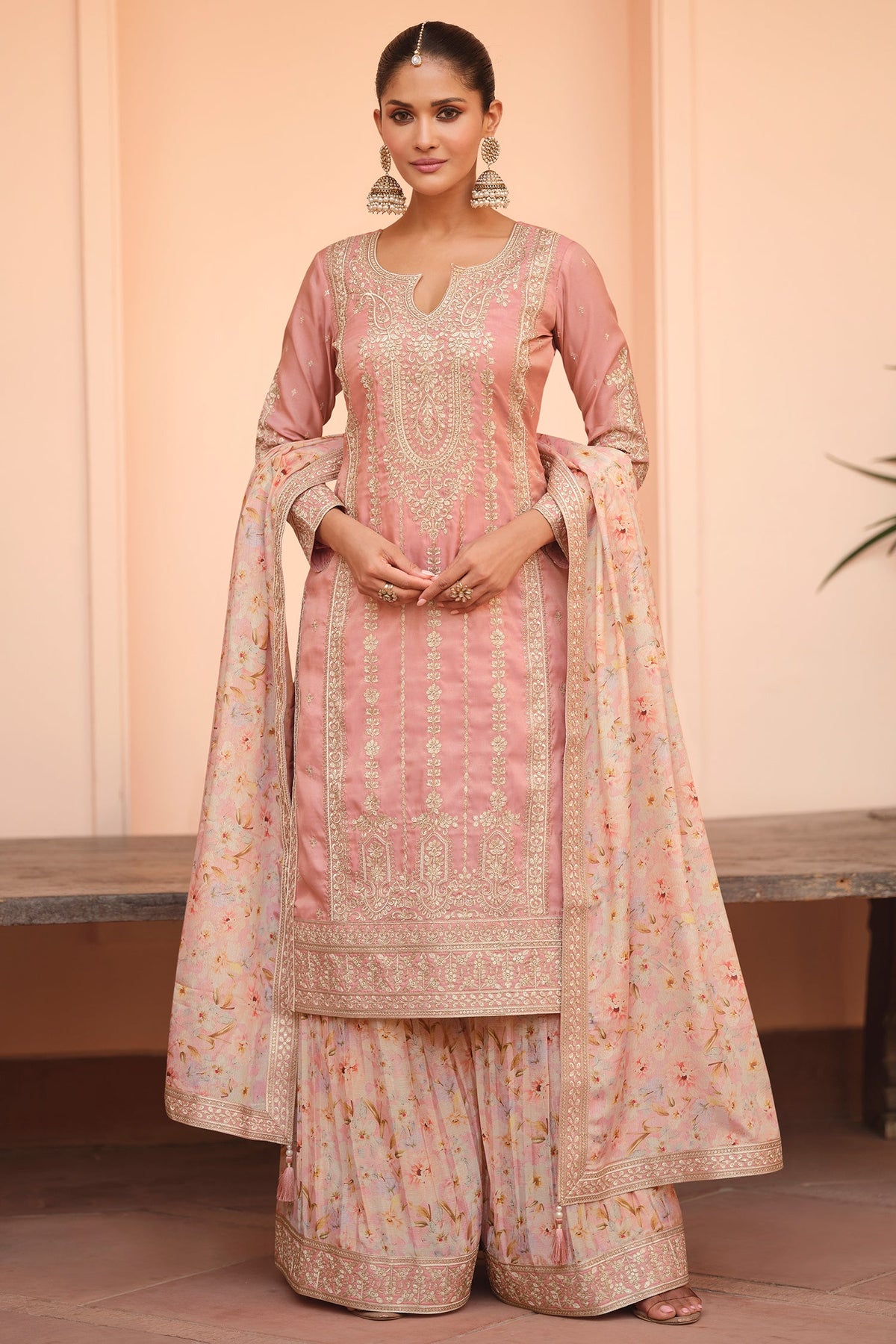 Peach Shimmer Silk Embroidered Palazzo Suit