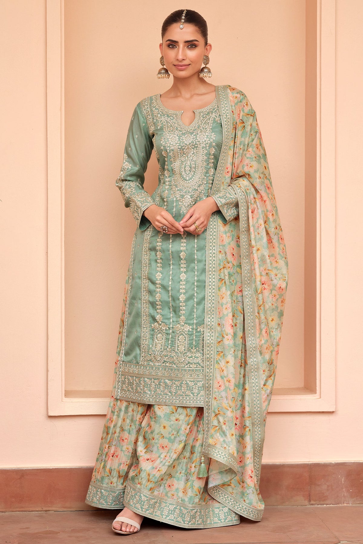 Light Green Shimmer Silk Embroidered Palazzo Suit