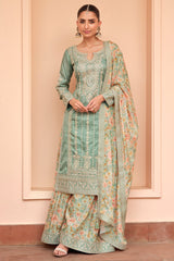 Light Green Shimmer Silk Embroidered Palazzo Suit