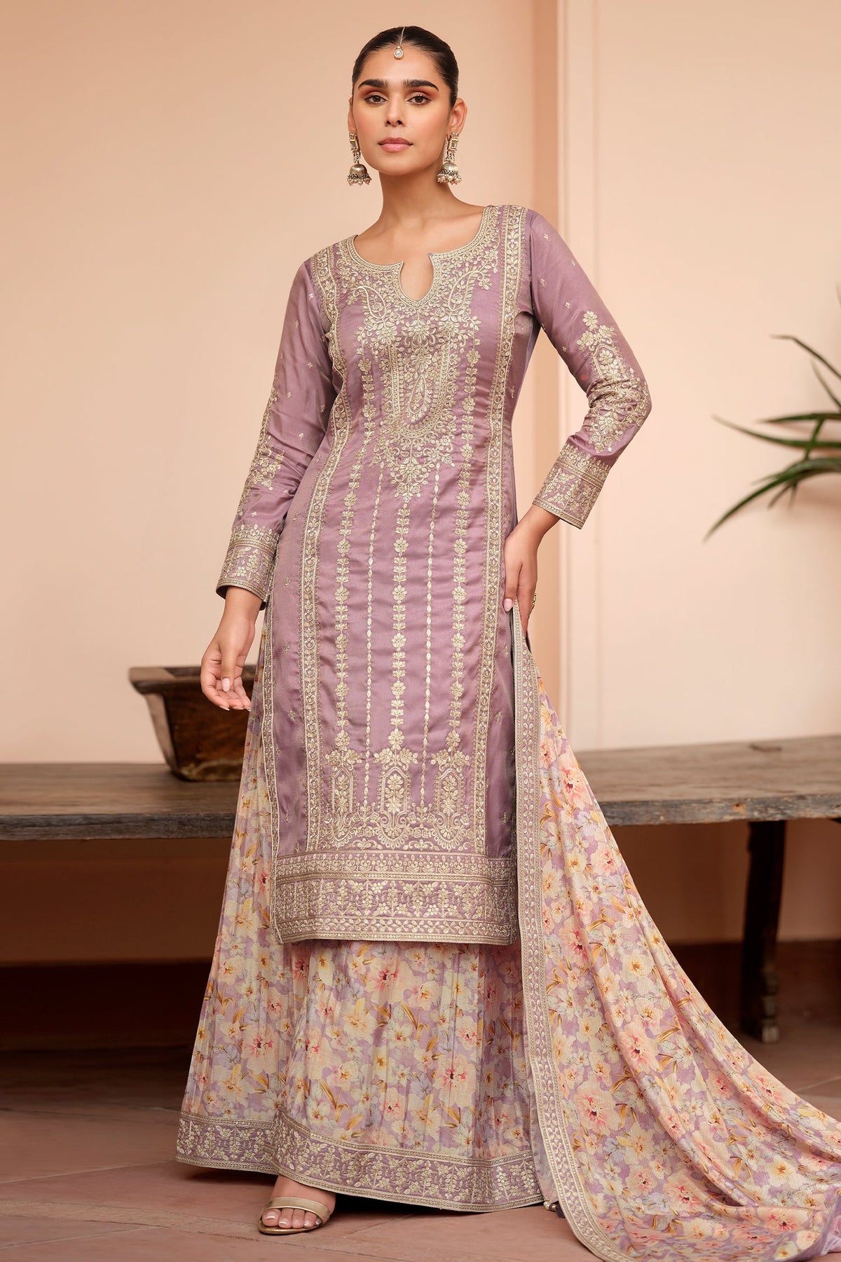 Lavender Purple Shimmer Silk Embroidered Palazzo Suit