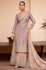Lavender Purple Shimmer Silk Embroidered Palazzo Suit