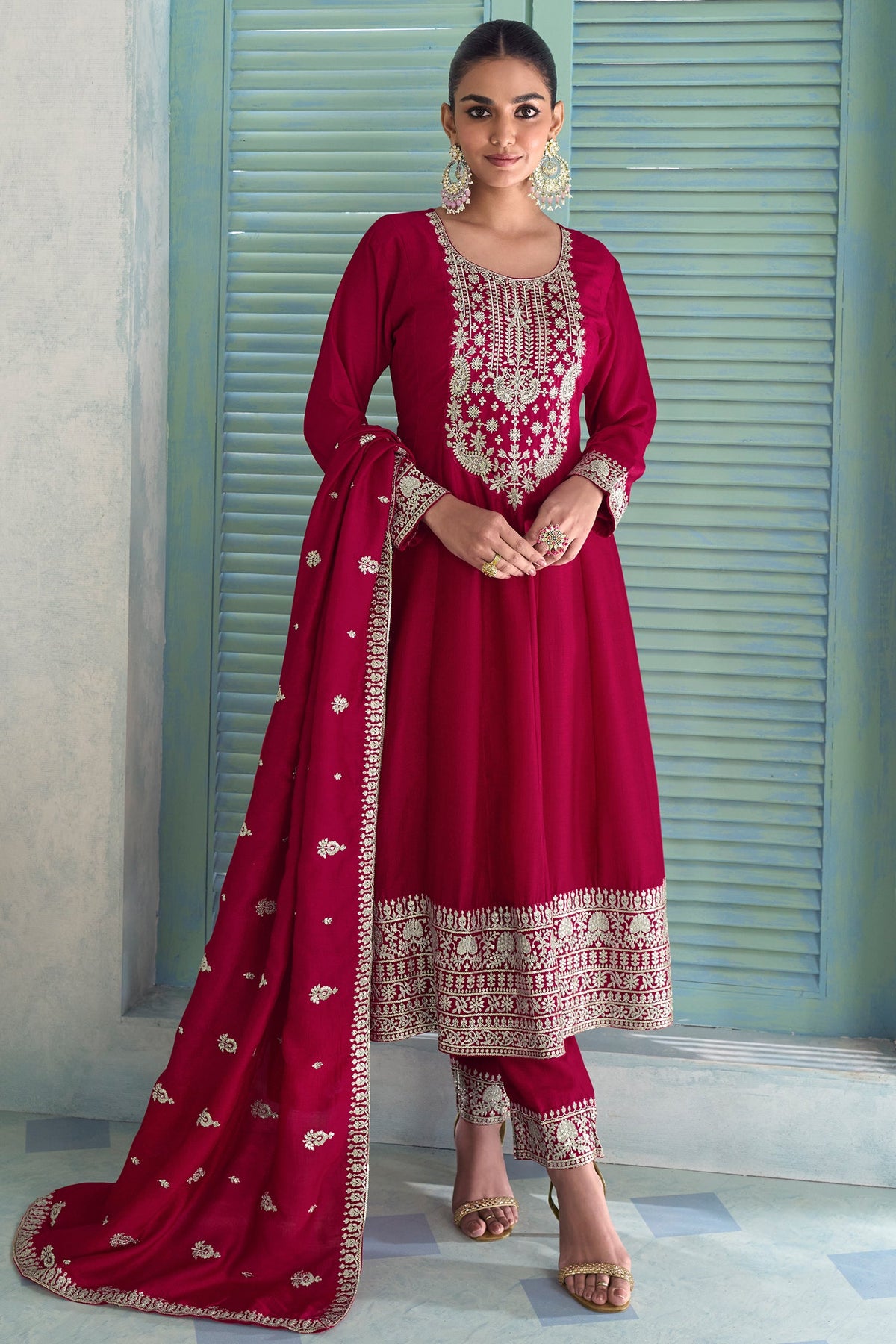 Dark Pink Art Silk Embroidered Anarkali Suit