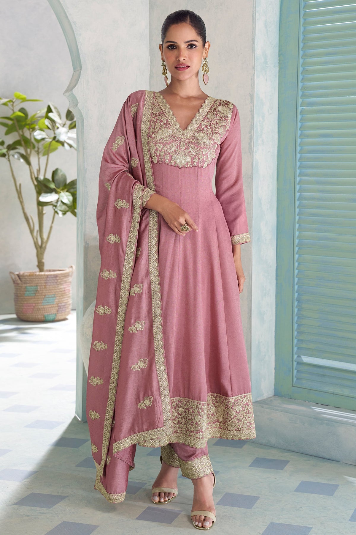 Light Pink Art Silk Embroidered Anarkali Suit