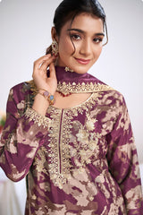 Purple Chinon Printed Palazzo Suit