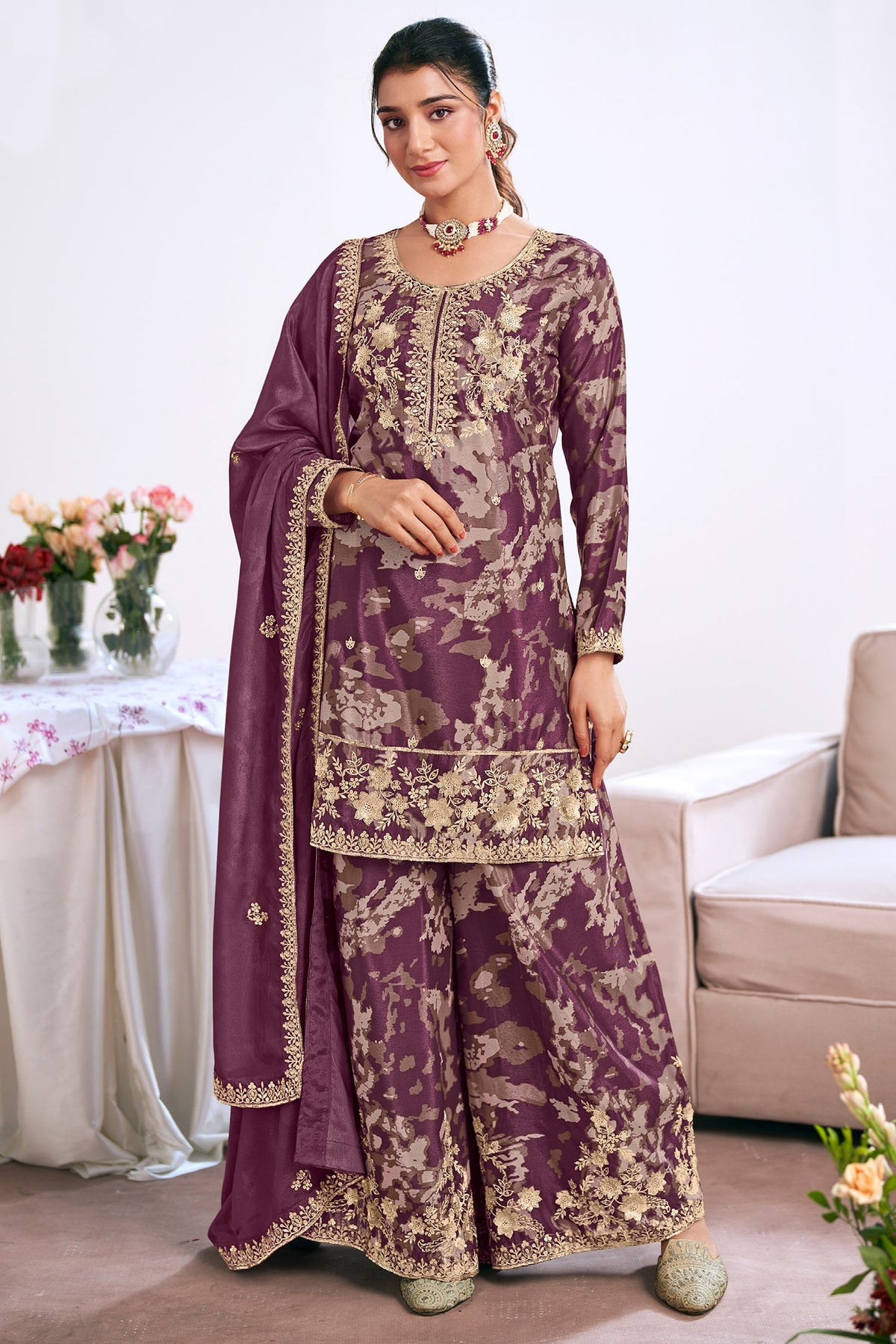 Purple Chinon Printed Palazzo Suit