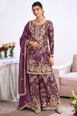 Purple Chinon Printed Palazzo Suit