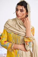 Yellow Chinon Printed Palazzo Suit