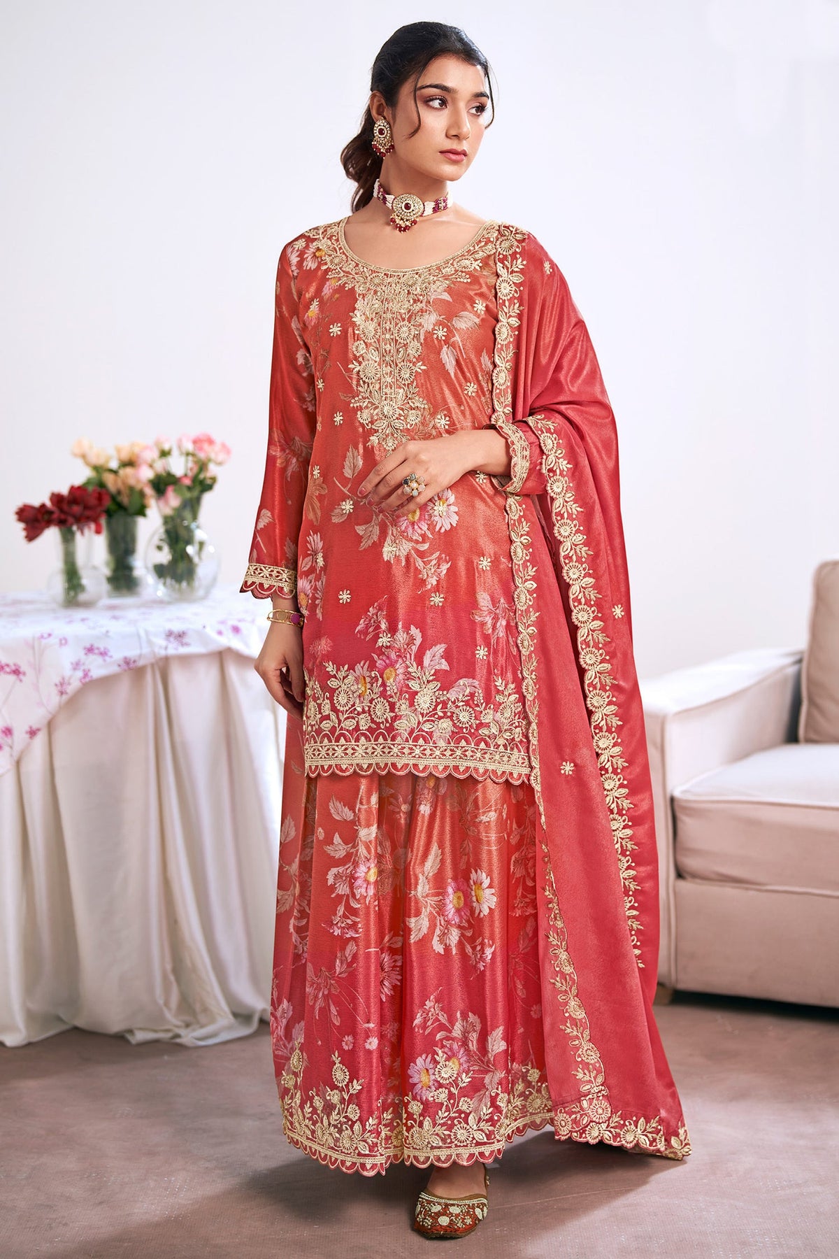 Rust Orange Chinon Printed Palazzo Suit