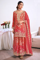 Rust Orange Chinon Printed Palazzo Suit