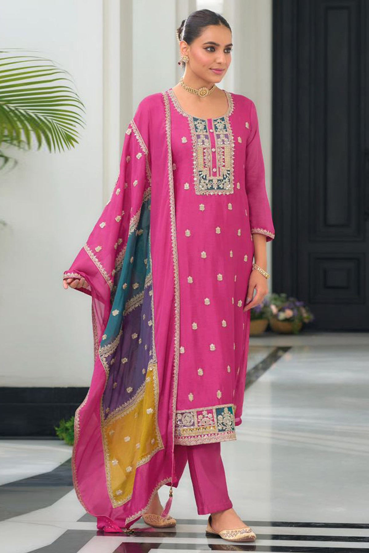 Pink Chinon Straight Cut Embroidered Suit