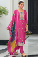 Pink Chinon Straight Cut Embroidered Suit