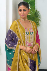 Mustard Chinon Straight Cut Embroidered Suit