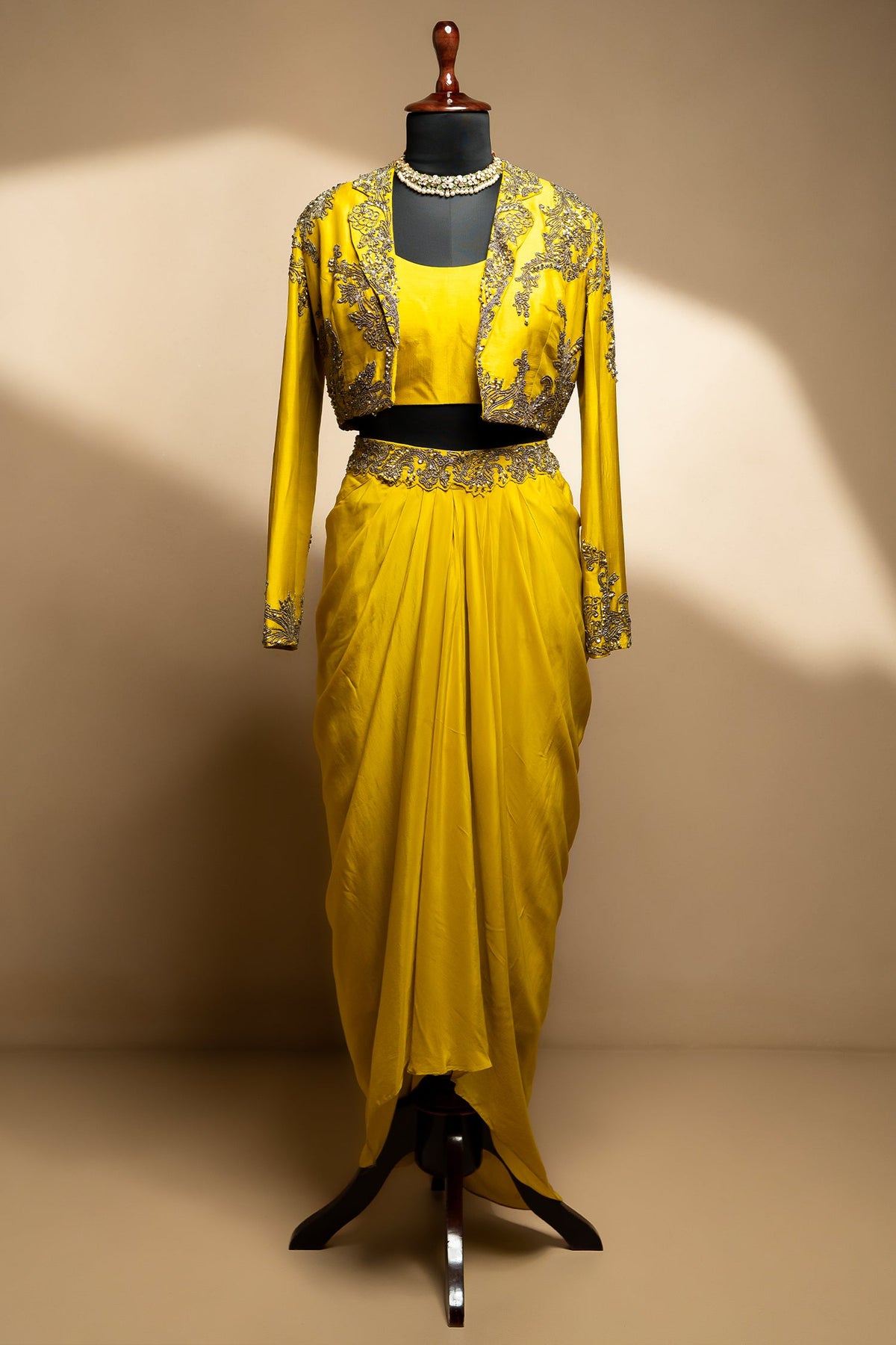 Yellow Organza Beaded Crop Top Skirt Set with Full Sleeved Short Jacket - yellow organza saree
