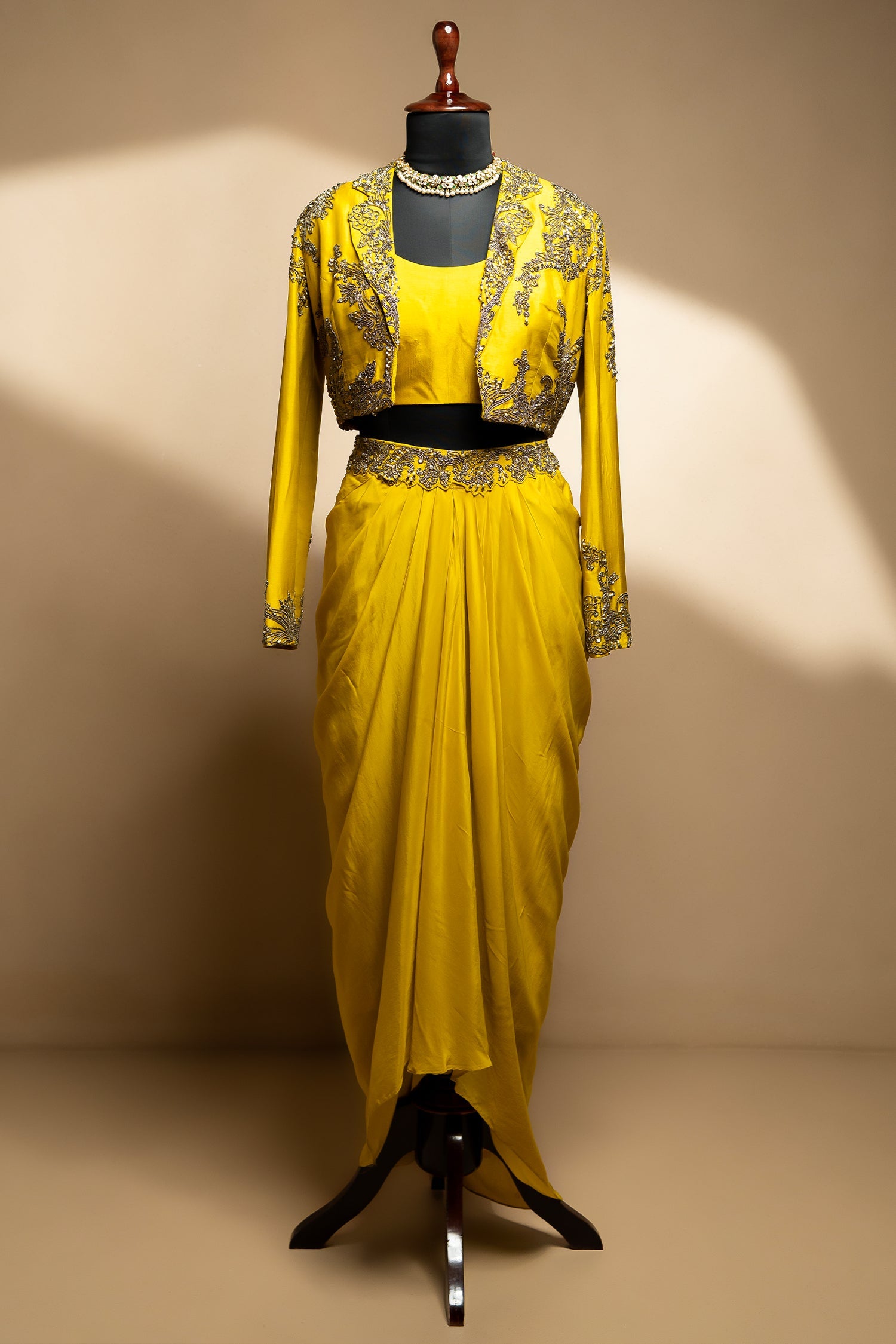 Yellow Organza Beaded Crop Top Skirt Set with Full Sleeved Short Jacket - yellow organza saree