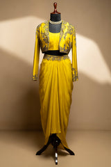 Yellow Organza Beaded Crop Top Skirt Set with Full Sleeved Short Jacket