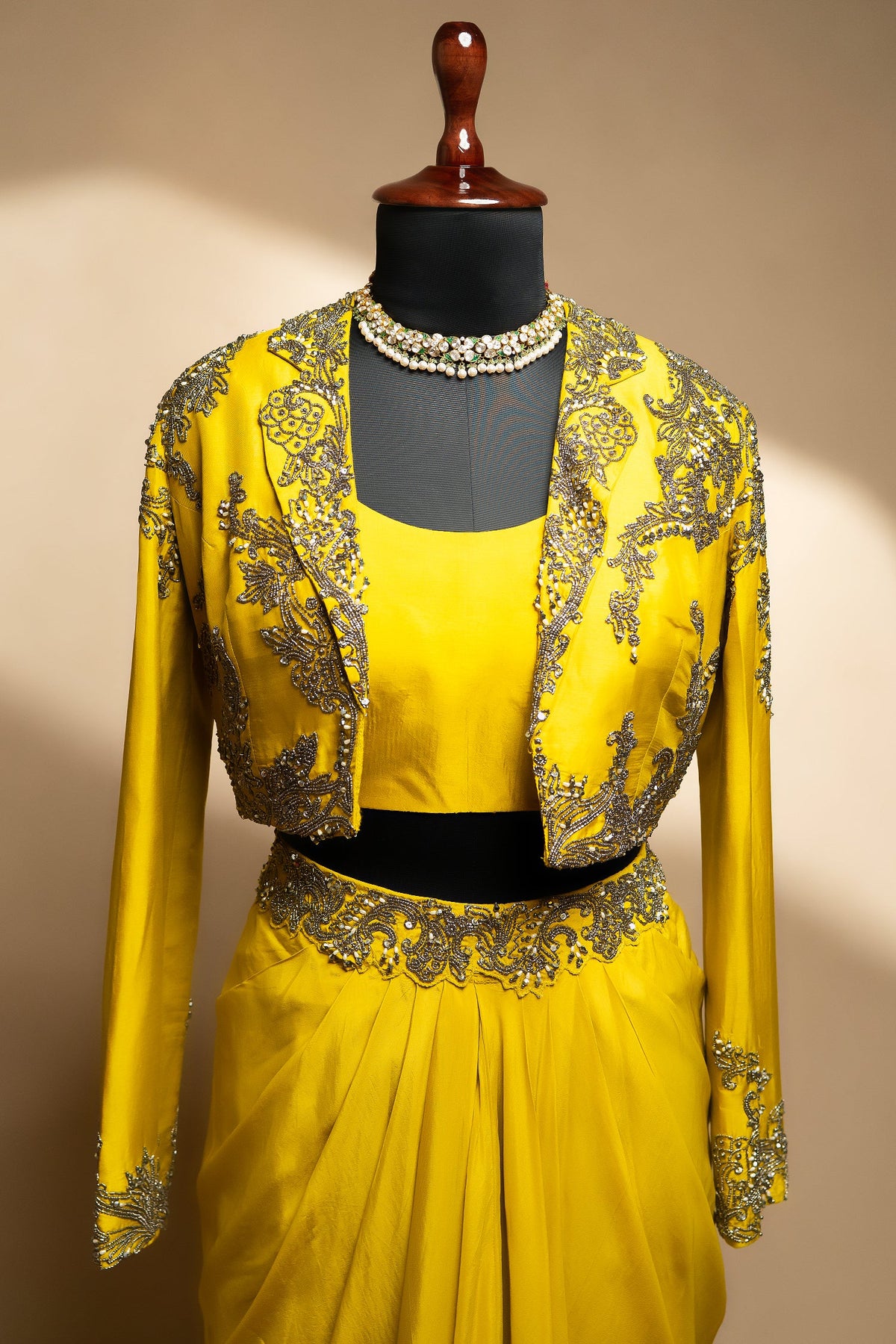 Yellow Organza Beaded Crop Top Skirt Set with Full Sleeved Short Jacket - yellow organza saree