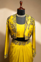 Yellow Organza Beaded Crop Top Skirt Set with Full Sleeved Short Jacket - yellow organza saree