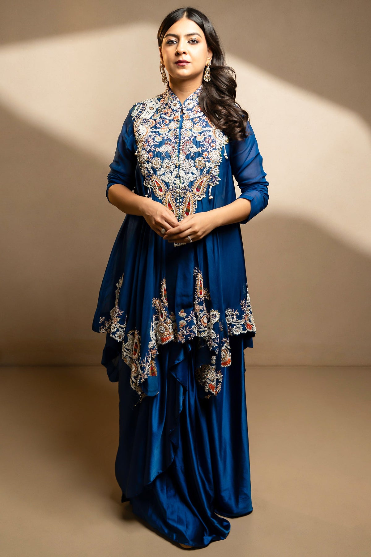 Blue Organza Handworked Bodice Asymmetrical Skirt Set - blue organza saree