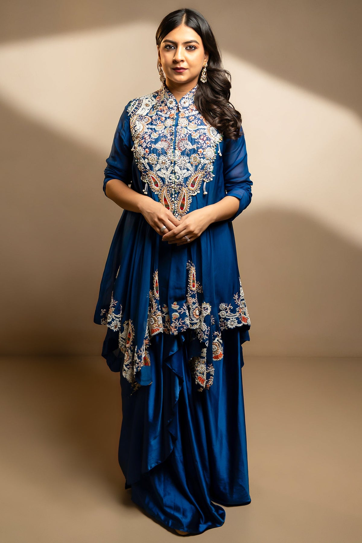 Blue Organza Handworked Bodice Asymmetrical Skirt Set - blue organza saree