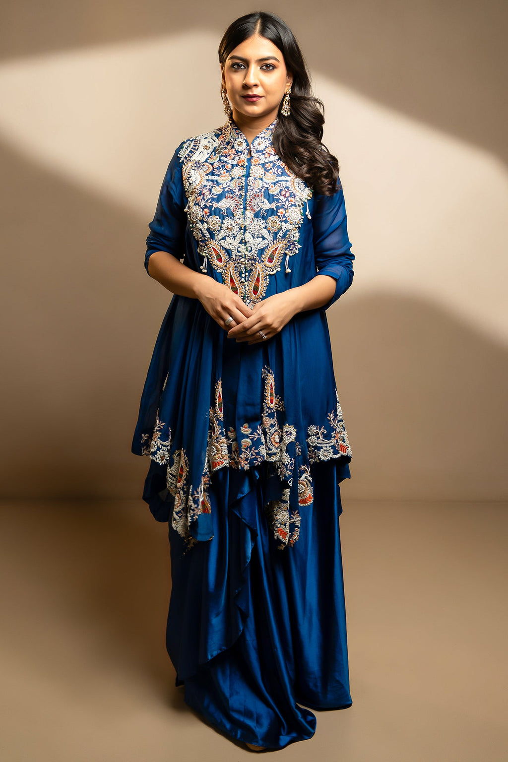 Blue Organza Handworked Bodice Asymmetrical Skirt Set - blue organza saree