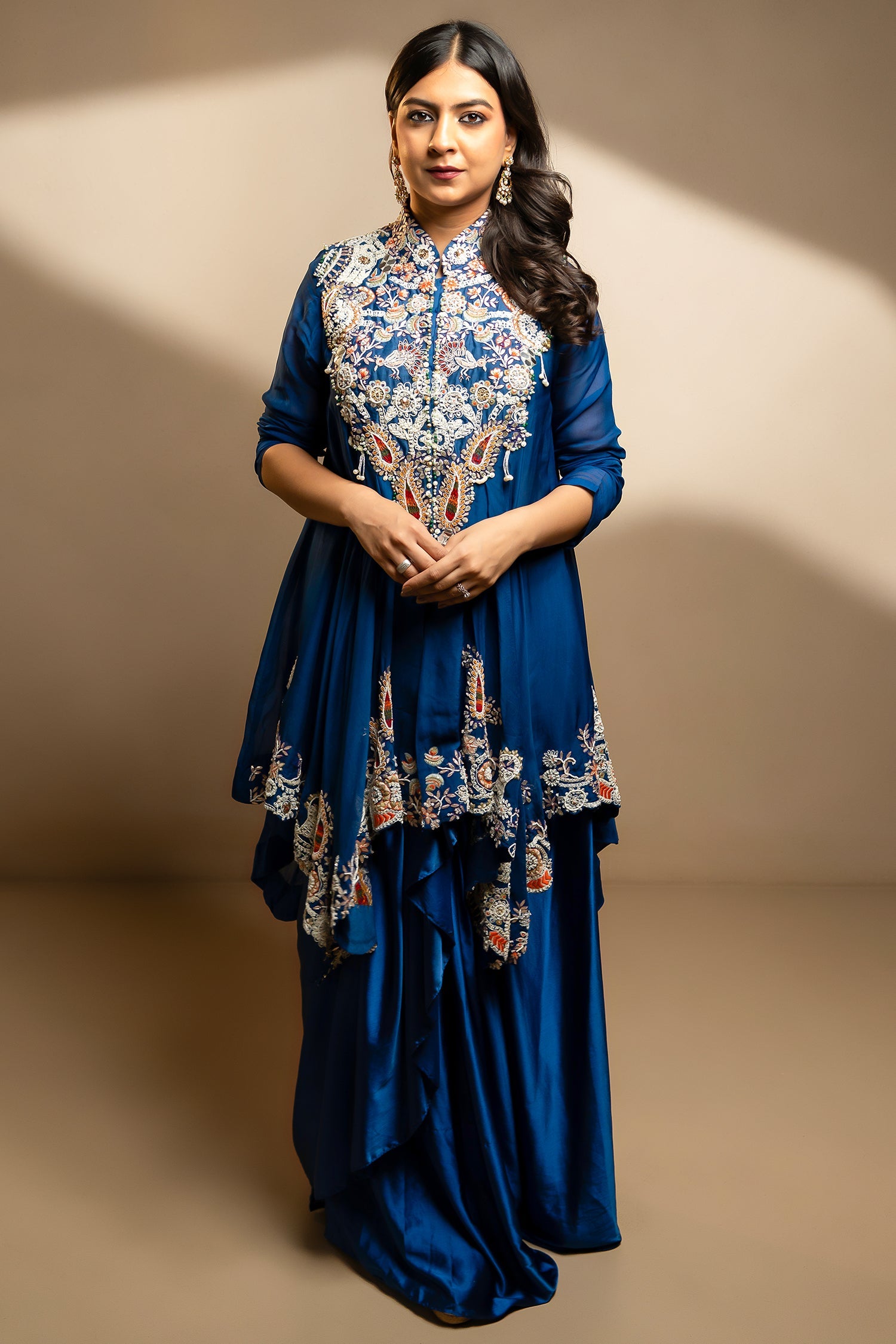 Blue Organza Handworked Bodice Asymmetrical Skirt Set - blue organza saree