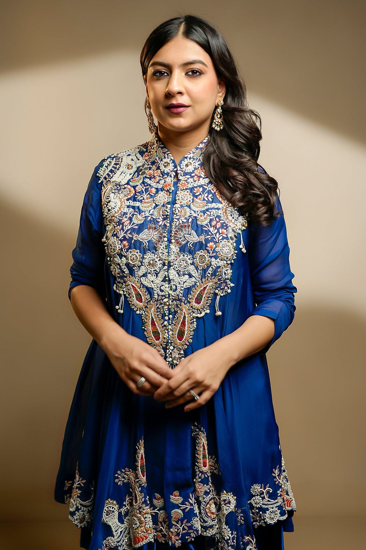 Blue Organza Handworked Bodice Asymmetrical Skirt Set - blue organza saree