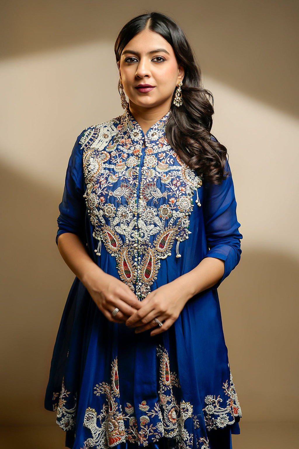 Blue Organza Handworked Bodice Asymmetrical Skirt Set - blue organza saree