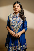 Blue Organza Handworked Bodice Asymmetrical Skirt Set - blue organza saree