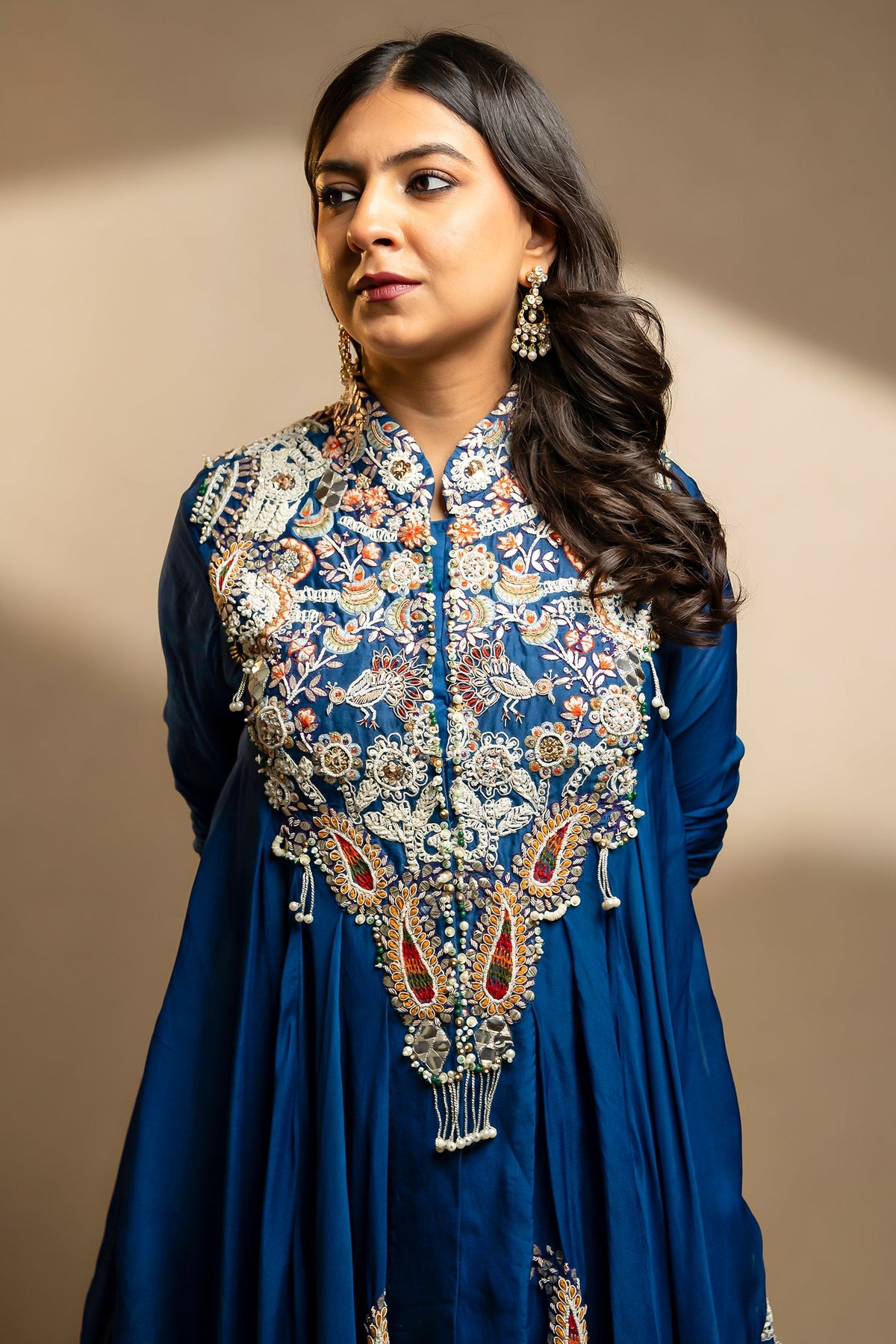 Blue Organza Handworked Bodice Asymmetrical Skirt Set - blue organza saree