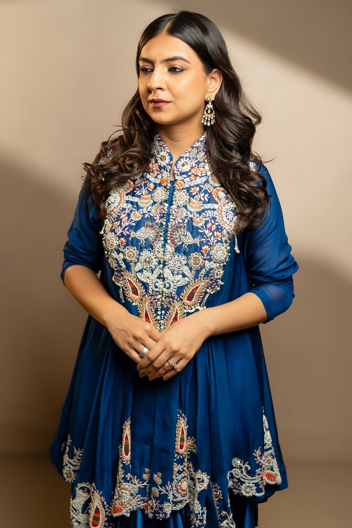 Blue Organza Handworked Bodice Asymmetrical Skirt Set - blue organza saree