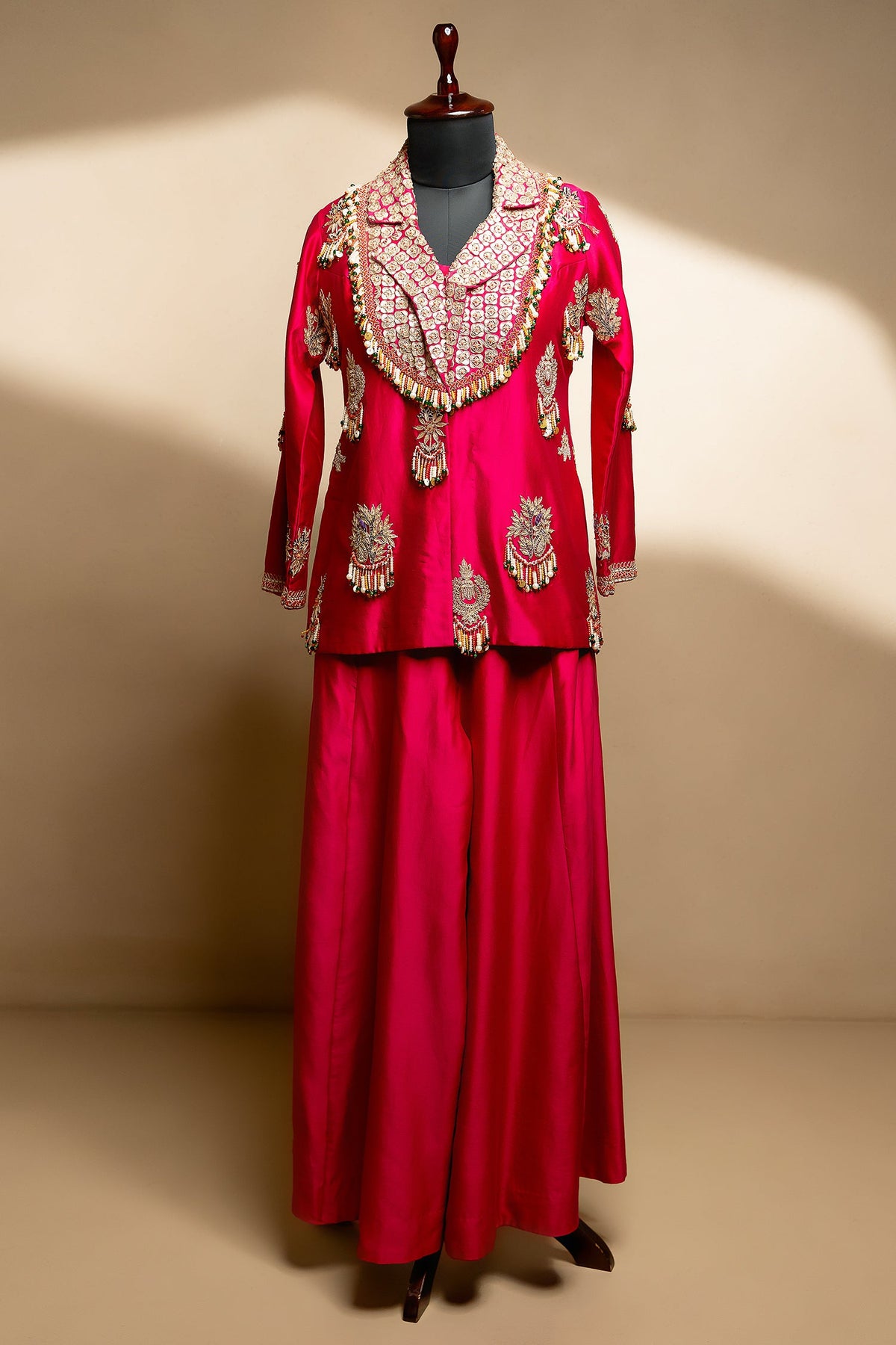 Rani Pink Satin Silk Gota Worked and Sequin Beaded Worked Indo Western Set - pink silk saree