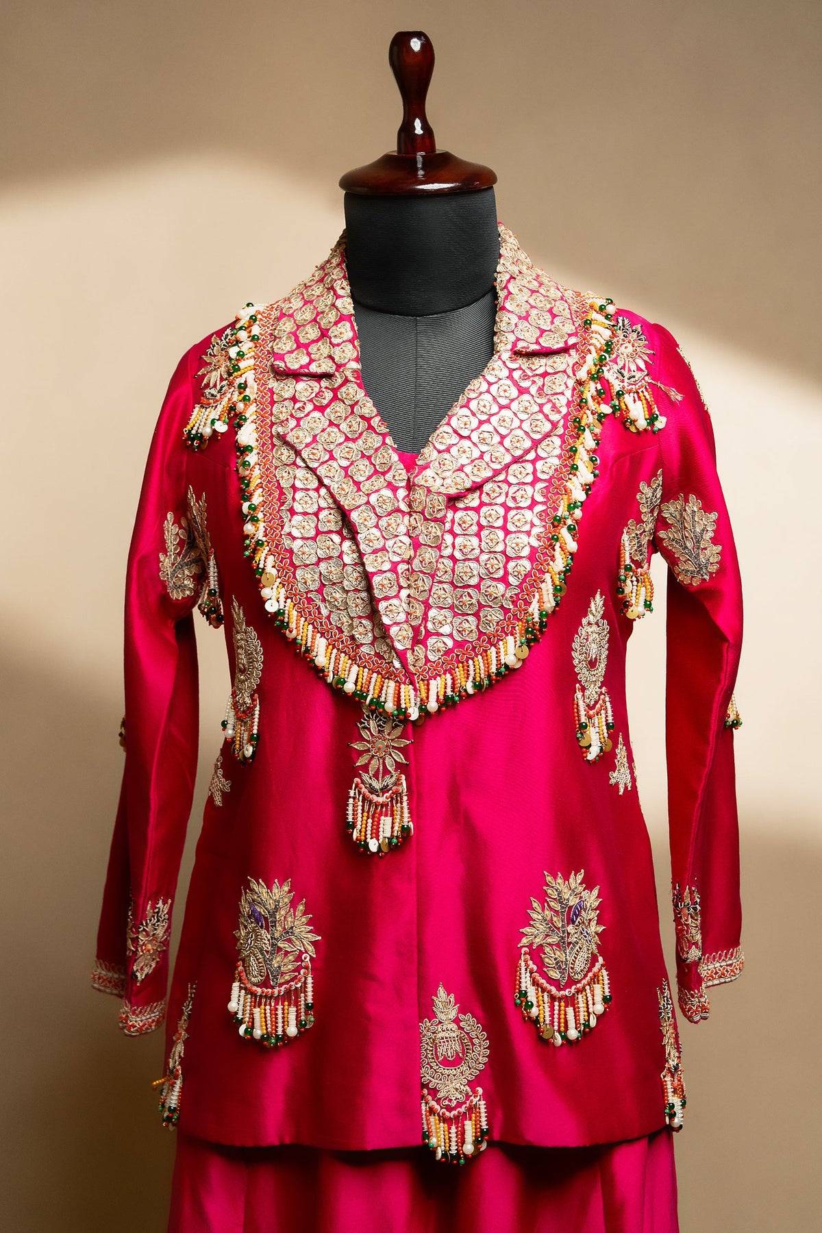 Rani Pink Satin Silk Gota Worked and Sequin Beaded Worked Indo Western Set - pink silk saree