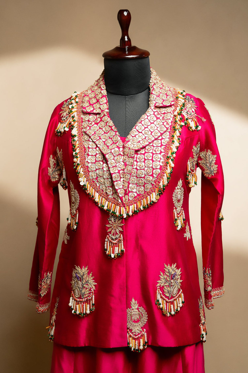 Rani Pink Satin Silk Gota Worked and Sequin Beaded Worked Indo Western Set - pink silk saree