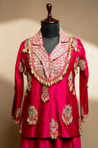 Rani Pink Satin Silk Gota Worked and Sequin Beaded Worked Indo Western Set - pink silk saree