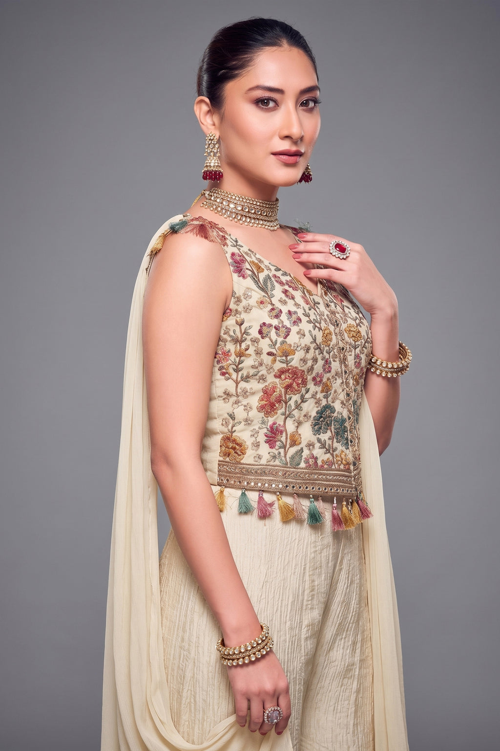 Cream Chinon Floral Embroidered Palazzo Set - red saree embroidered
