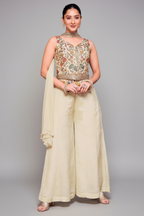 Cream Chinon Floral Embroidered Palazzo Set - red saree embroidered