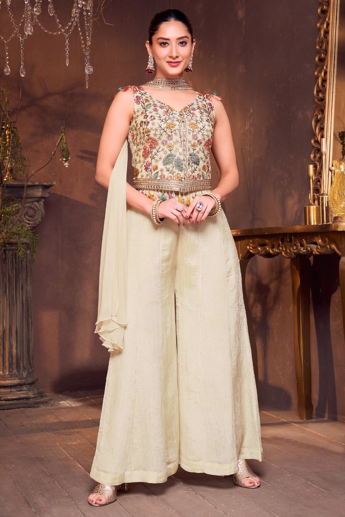 Cream Chinon Floral Embroidered Palazzo Set