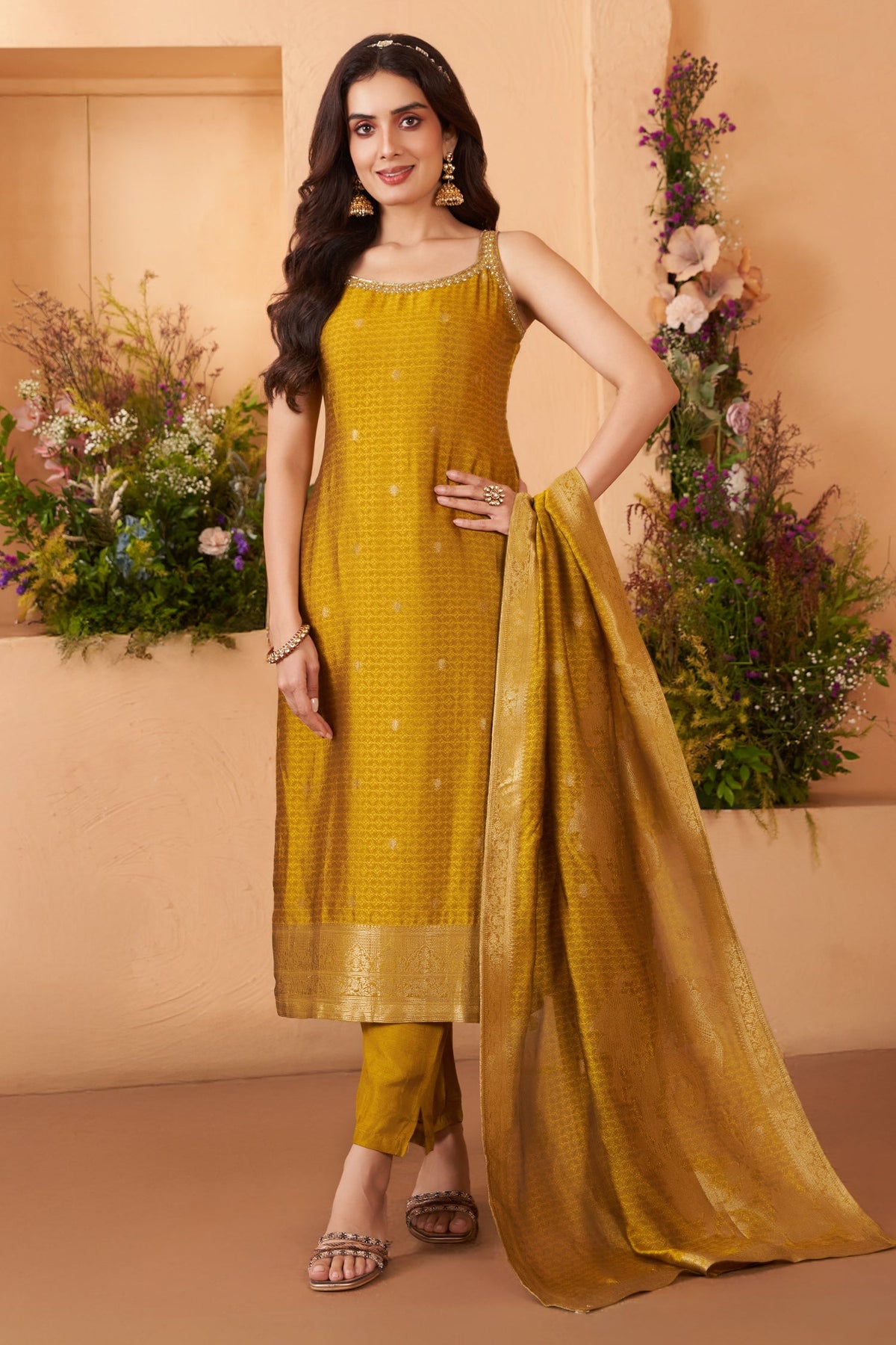 Golden Art Silk Woven Straight Cut Suit