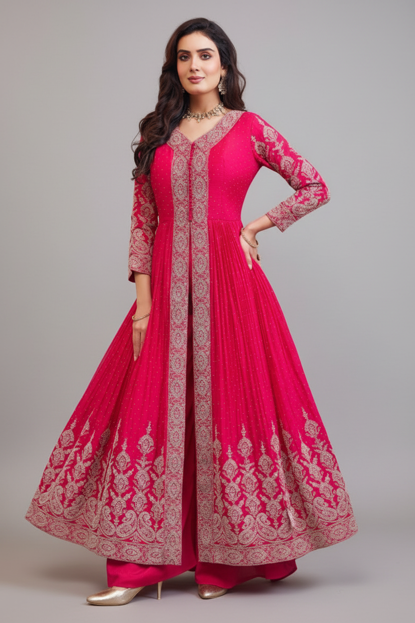 Pink Chinon Georgette Embroidered Slit Cut Palazzo Suit - red georgette saree embroidered Main image