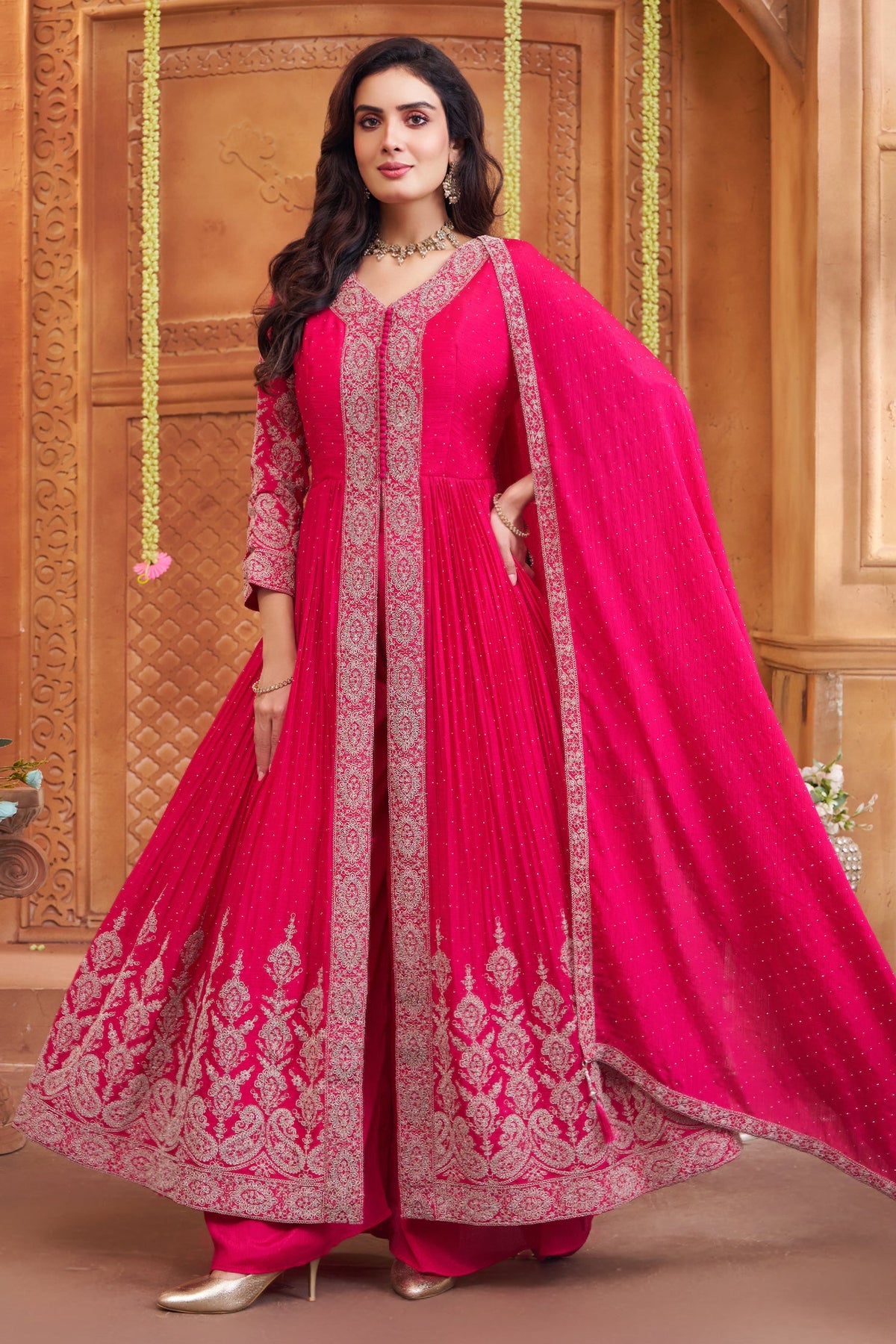 Pink Chinon Georgette Embroidered Slit Cut Palazzo Suit