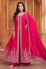 Pink Chinon Georgette Embroidered Slit Cut Palazzo Suit