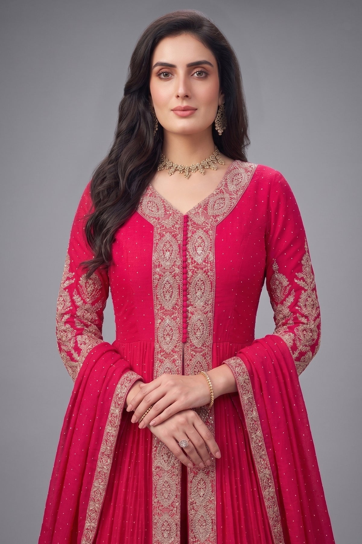 Pink Chinon Georgette Embroidered Slit Cut Palazzo Suit - red georgette saree embroidered