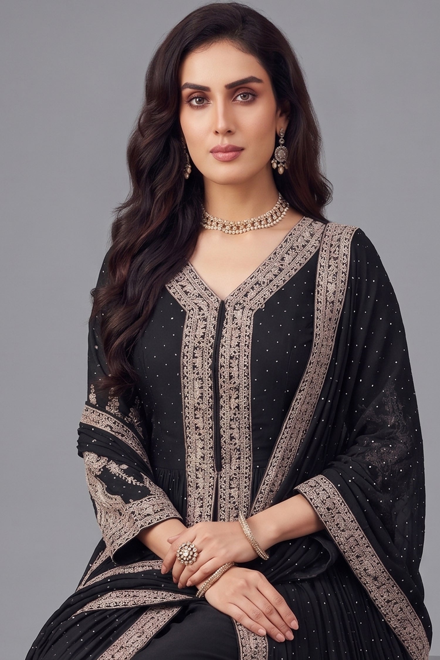 Black Chinon Georgette Embroidered Slit Cut Palazzo Suit Secondary image