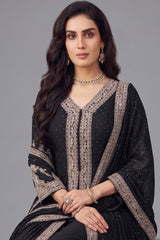 Black Chinon Georgette Embroidered Slit Cut Palazzo Suit - red georgette saree embroidered