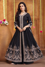 Black Chinon Georgette Embroidered Slit Cut Palazzo Suit - red georgette saree embroidered